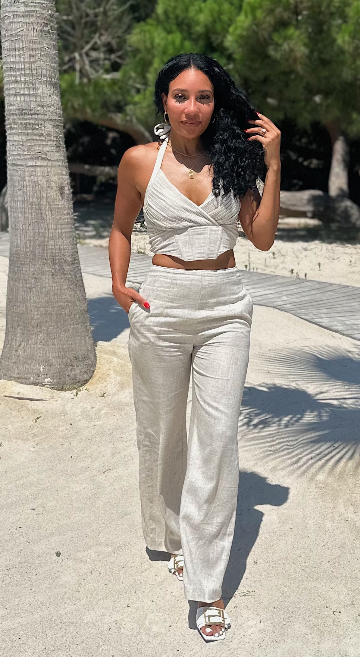 Pleated Corset Top and High-Waisted Pants Set - Oatmeal