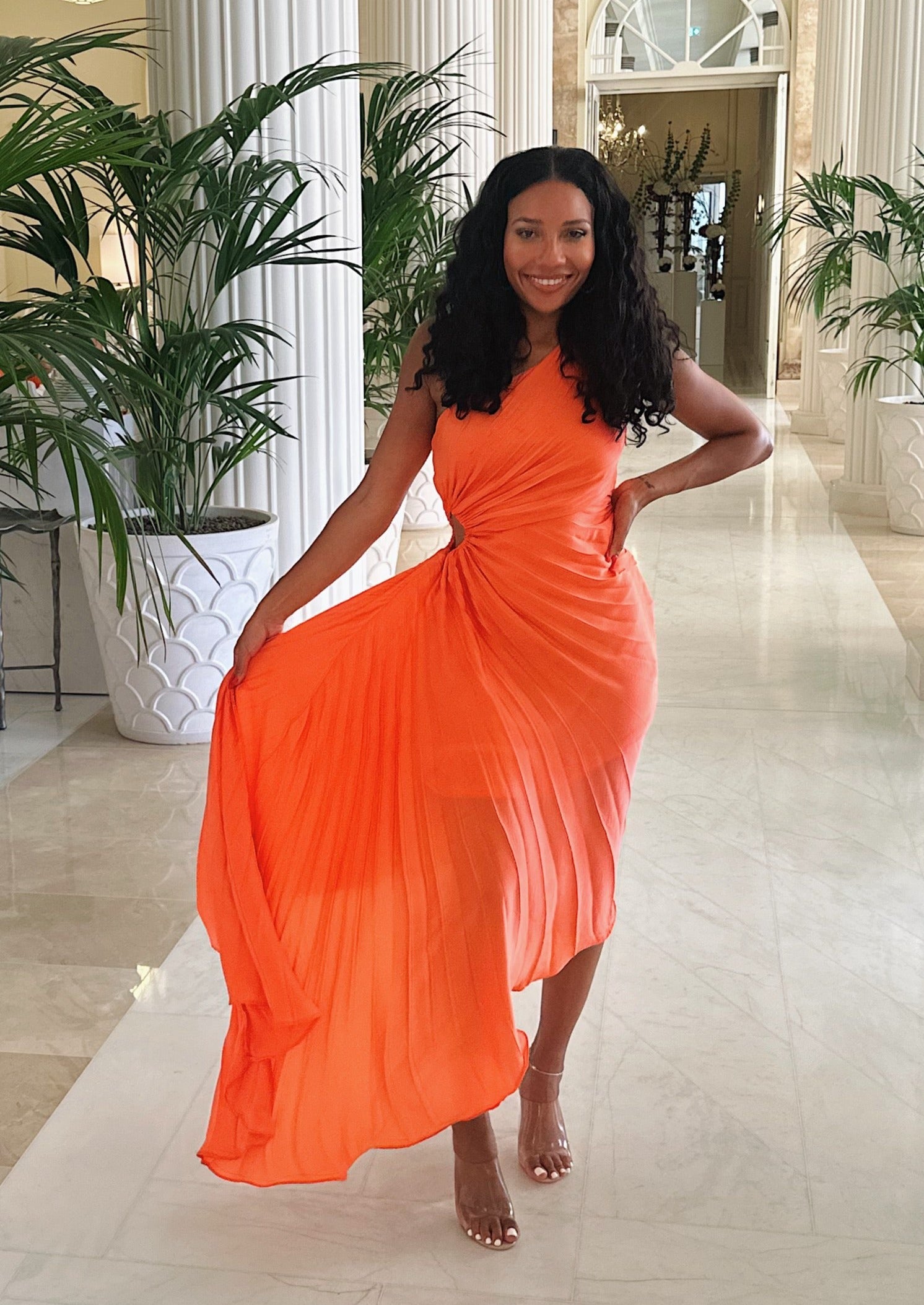 One Shoulder Pleated Dress - Coral